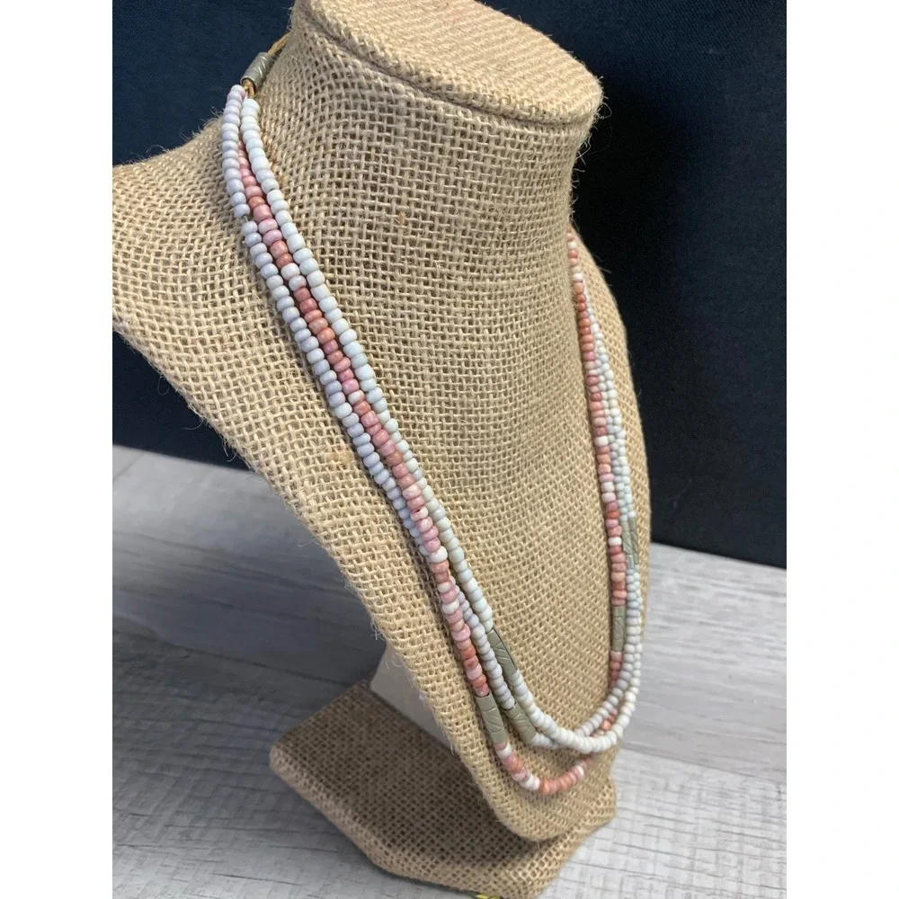 Vintage Multi Strand Seed Bead Necklace Pink White Lavender Boho Layered 20 Inch